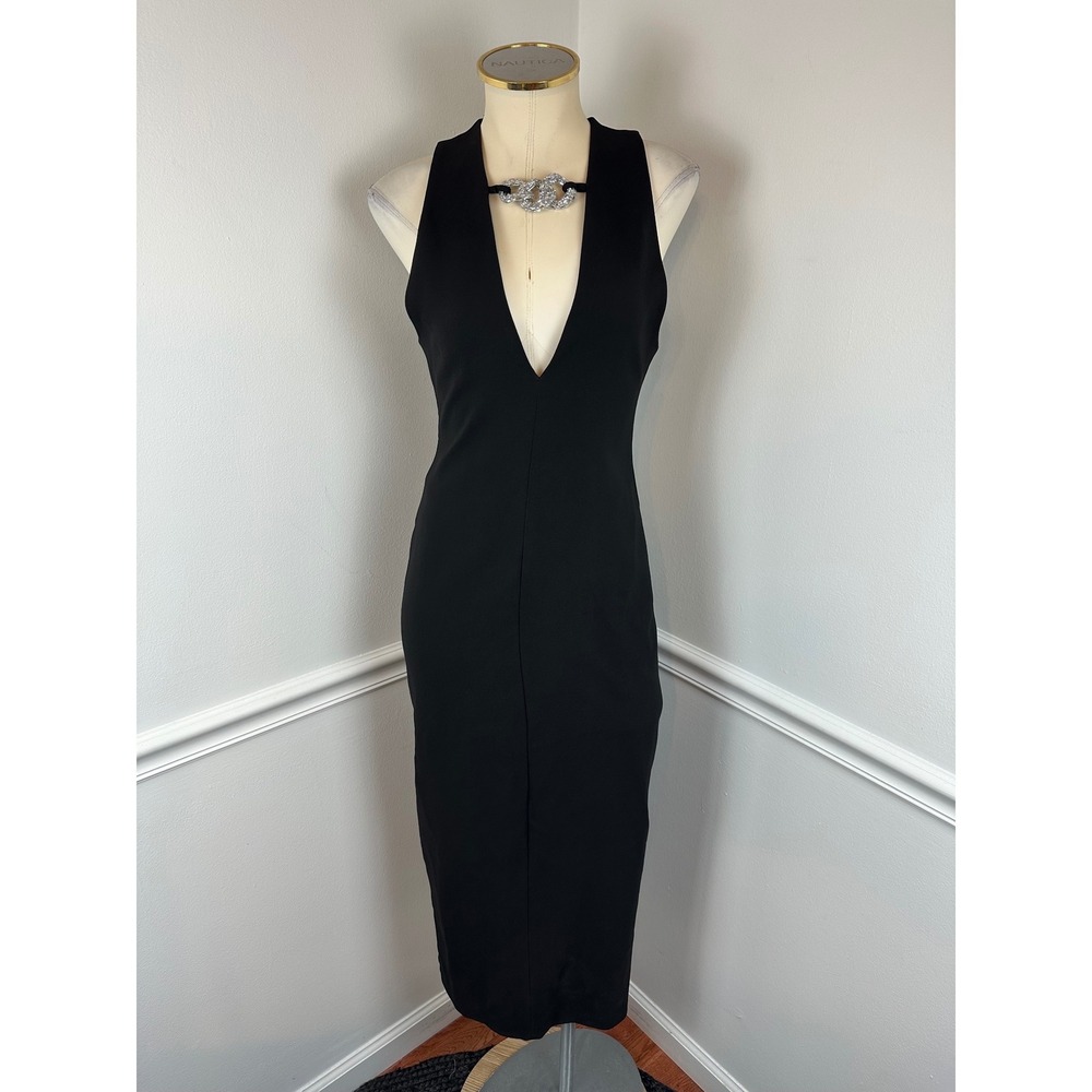 ZARA Sleeveless Black Deep Plunge V-Neck Midi/Maxi Gown Dress Silver NWT Medium